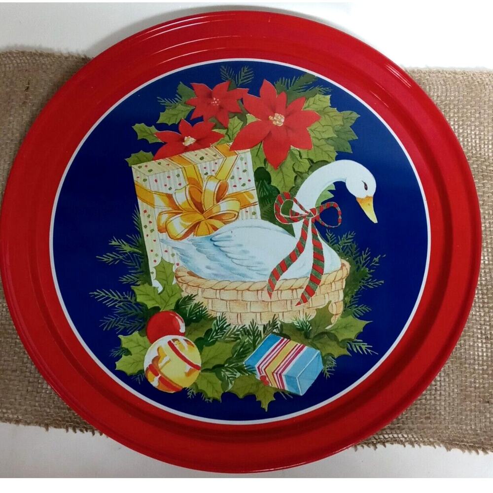 🎄VTG Metal Christmas Tray 🦢 12" Swan Poinsettia Retro Holiday Decor